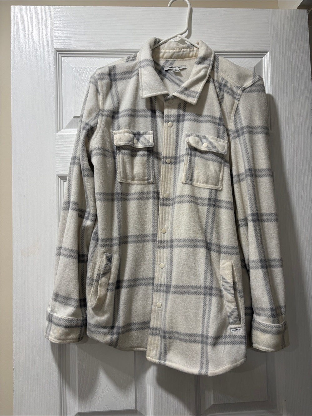 Unisex White Plaid Button-Up Shacket Jacket